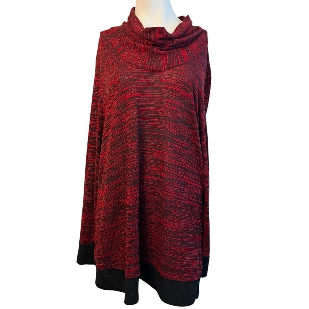 Fashion Bug Womens 1X Cowl Neck Red Black Striped Pullover Long Sleeve Blouse